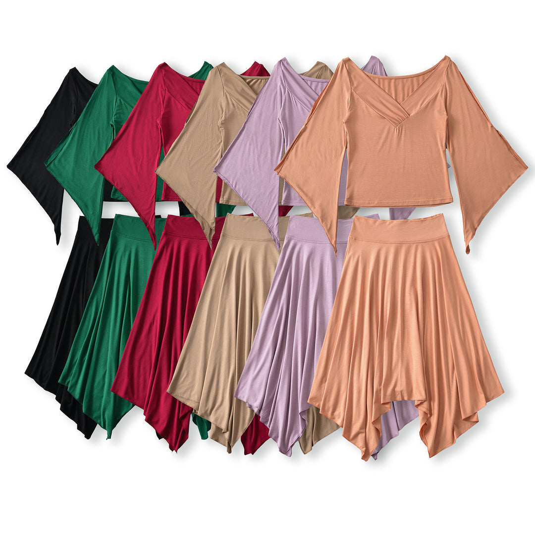 Damen Zweiteiliges Set aus drapiertem Top mit Fledermausärmeln und asymmetrischem Tellerrock Nord Taschen