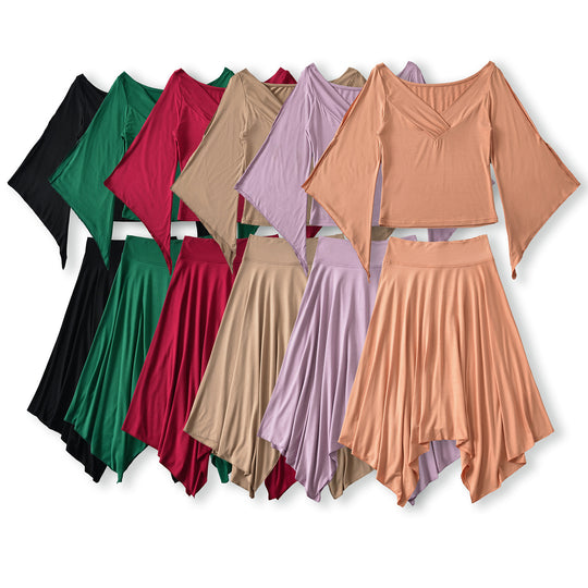 Damen Zweiteiliges Set aus drapiertem Top mit Fledermausärmeln und asymmetrischem Tellerrock Nord Taschen