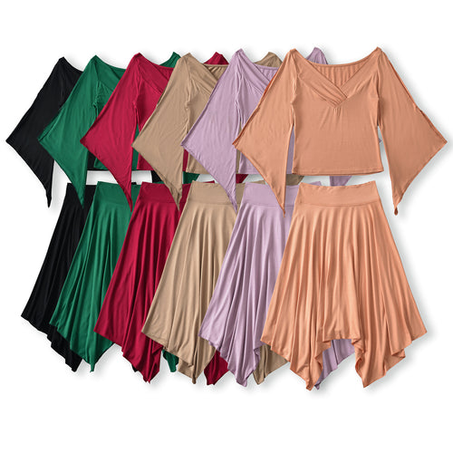 Damen Zweiteiliges Set aus drapiertem Top mit Fledermausärmeln und asymmetrischem Tellerrock Nord Taschen