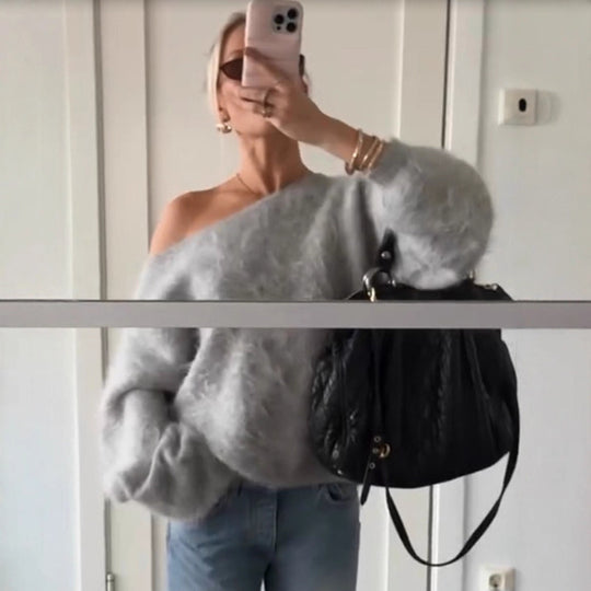 Damen Oversize Mohair-Blend Off-Shoulder Pullover mit Ballonärmeln Nord Taschen