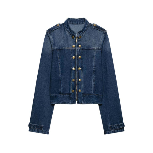 Damen Kurz geschnittene Jeansjacke im Military‑Stil mit Stehkragen Nord Taschen