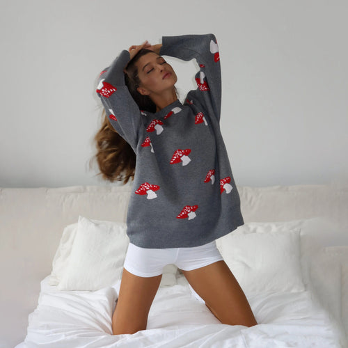 Damen weiter Strickpullover mit Pilzmotiv Rundhals Rippbündchen Nord Taschen