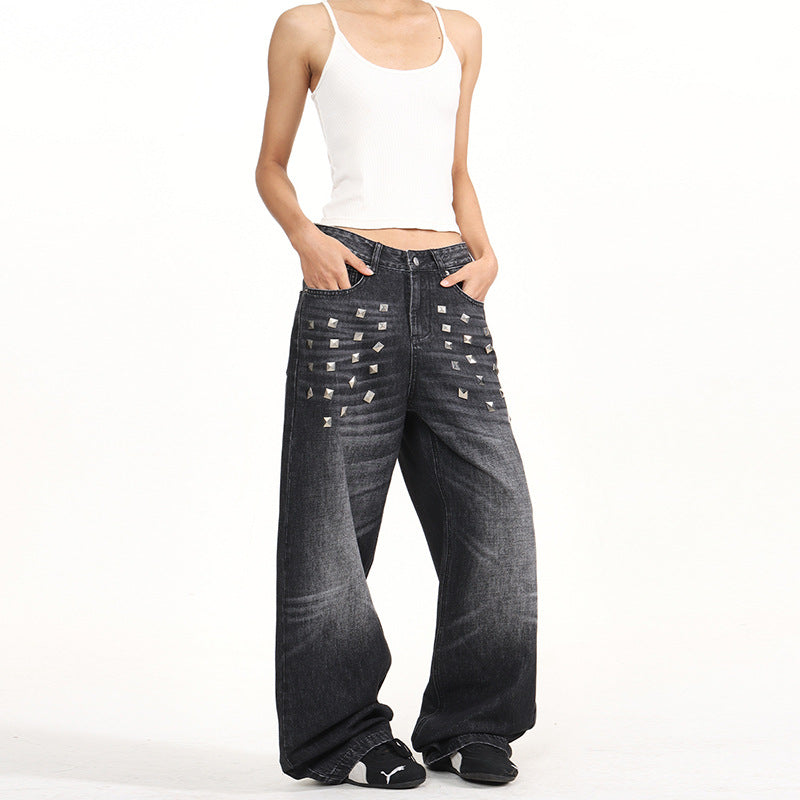 Damen Extraweite Nieten-Baggy-Jeans mit tiefem Bund und Used-Wash Nord Taschen