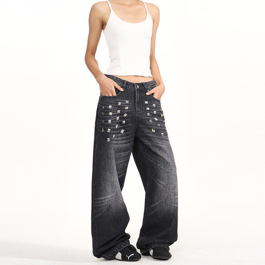 Damen Extraweite Nieten-Baggy-Jeans mit tiefem Bund und Used-Wash Nord Taschen