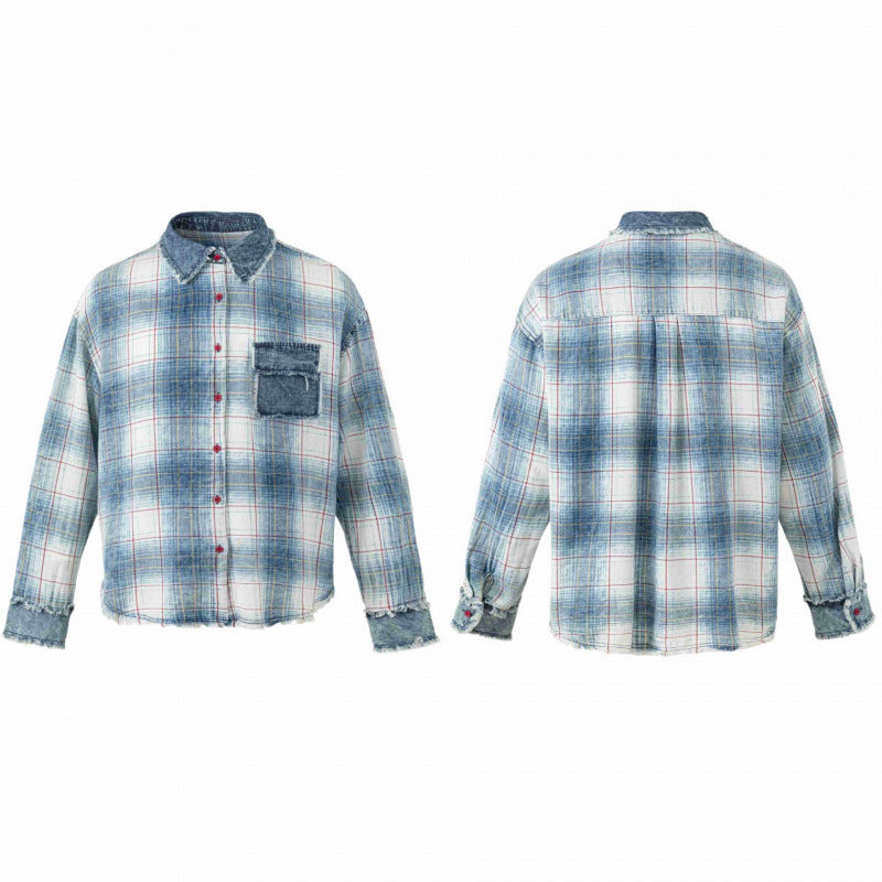 Unisex Kariertes Overshirt im Used-Look mit Fransen, Jeanskragen und aufgesetzter Brusttasche Nord Taschen
