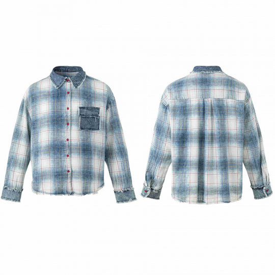 Unisex Kariertes Overshirt im Used-Look mit Fransen, Jeanskragen und aufgesetzter Brusttasche Nord Taschen