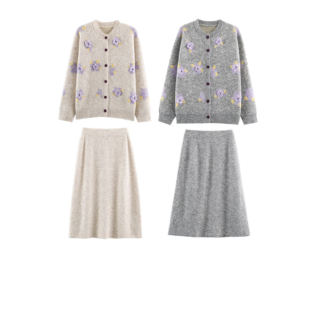 Damen Feinstrick-Zweiteiler Cardigan mit Blumen-Jacquard und tailliertem A-Linien Strickrock Nord Taschen