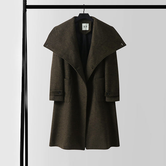 Damen Maxilanger Wollmix‑Mantel mit übergroßem Schalkragen und aufgesetzten Taschen Nord Taschen