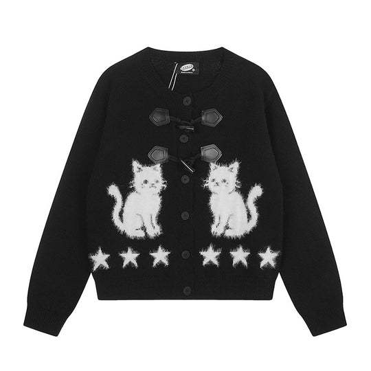 Damen Strickjacke mit Katzen-Jacquard, Zierknebelverschluss und Sternbordüre Nord Taschen