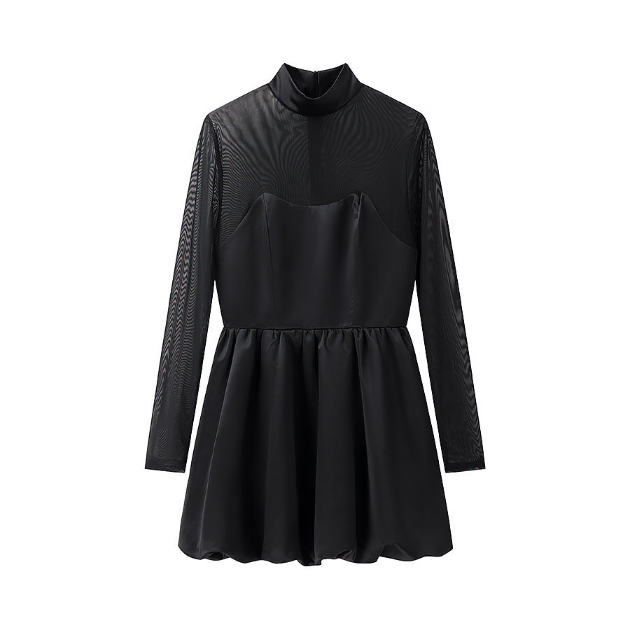 Damen Kurzabendkleid mit Stehkragen, transparenten Mesh-Ärmeln und Korsagen-Optik Nord Taschen