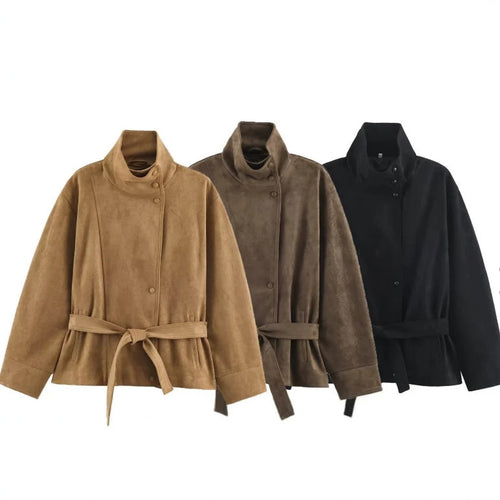 Damen Veloursleder-Optikjacke mit hohem Stehkragen und Taillengürtel Nord Taschen