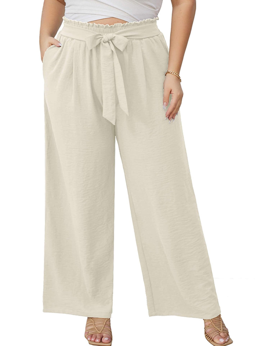 Damen Weite Culotte-Hose in Leinenoptik mit Paperbag-Taille, Bindegürtel und Eingrifftaschen Nord Taschen