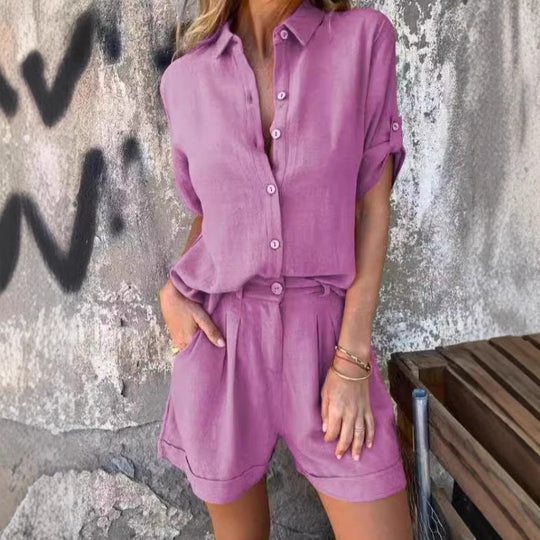 Damen Elegantes Kurzarm-Jumpsuit aus atmungsaktivem Stoff mit praktischen Taschen Nord Taschen