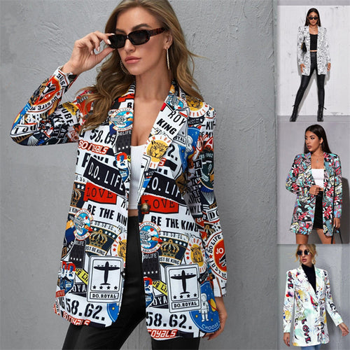 Damen Bedruckter Longblazer mit grafischem Street‑Art‑Muster und tailliertem Schnitt Nord Taschen