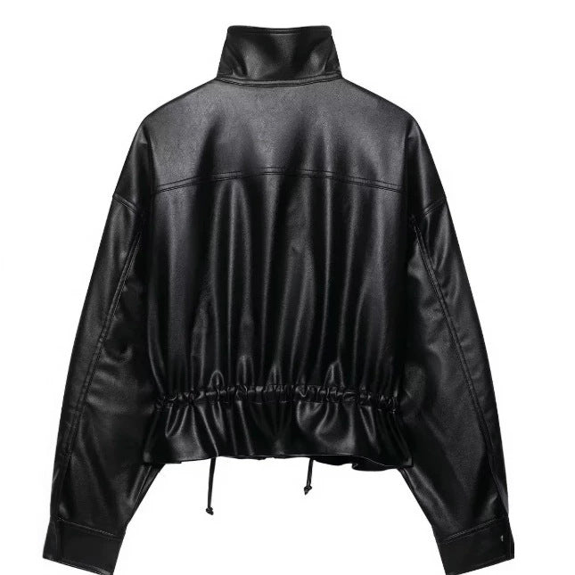 Damen Cropped Kunstleder‑Blouson mit Stehkragen, Pattentaschen und Tunnelzugtaillierung Nord Taschen
