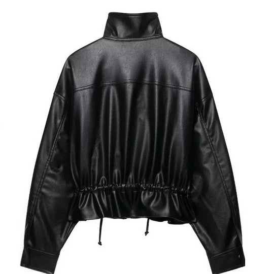 Damen Cropped Kunstleder‑Blouson mit Stehkragen, Pattentaschen und Tunnelzugtaillierung Nord Taschen