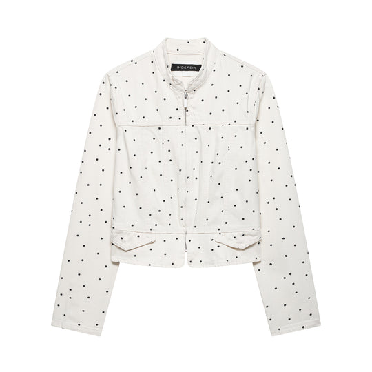 Damen Gepunktete Cropped Jeansjacke mit Stehkragen, Reißverschluss und Pattentaschen Nord Taschen