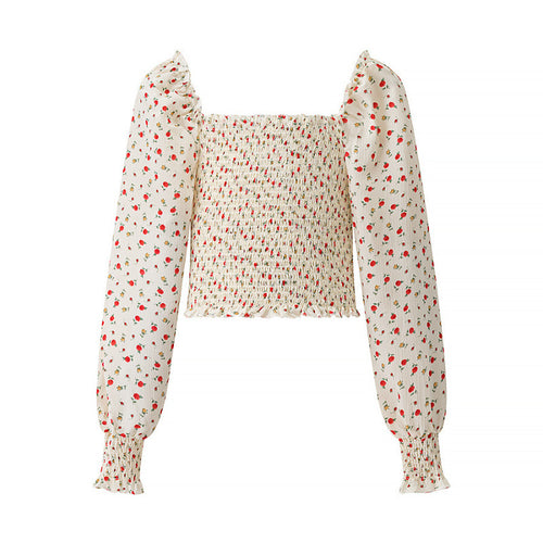 Damen Gesmoktes Cropped-Top mit Puffärmeln und Blumendessin Nord Taschen