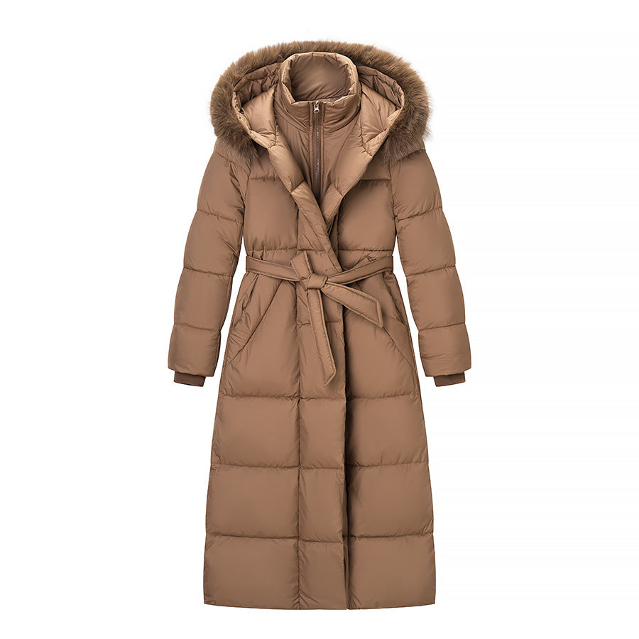 Damen Wattierter Longline-Mantel mit Kapuze und Taillengürtel Nord Taschen