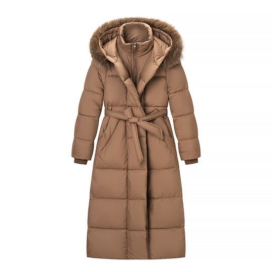 Damen Wattierter Longline-Mantel mit Kapuze und Taillengürtel Nord Taschen