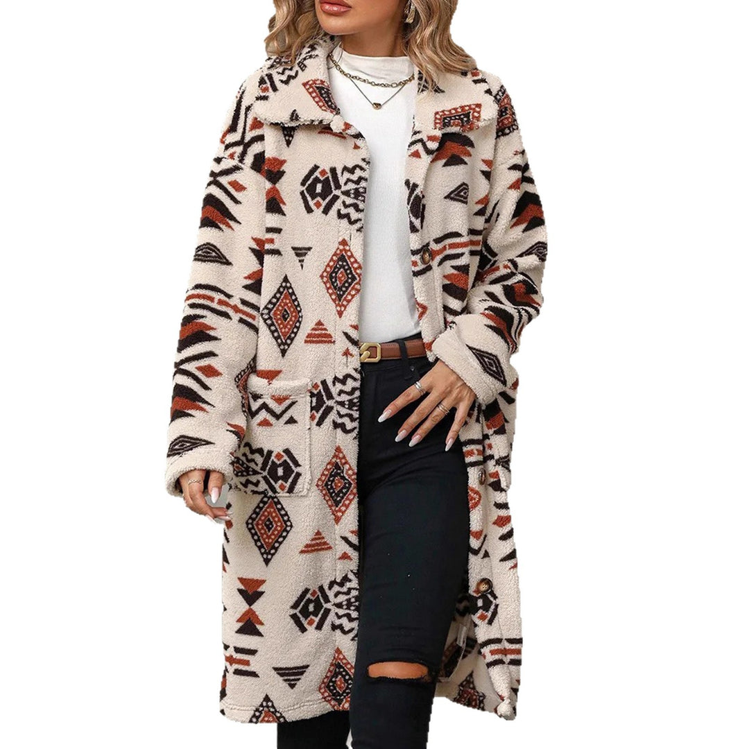 Damen Teddy-Mantel mit Aztekenmuster, Knopfleiste und aufgesetzten Taschen Nord Taschen