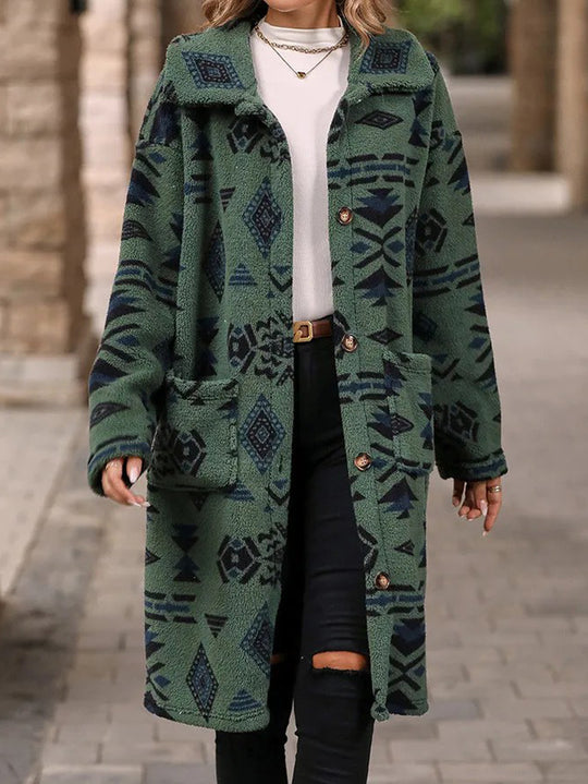 Damen Teddy-Mantel mit Aztekenmuster, Knopfleiste und aufgesetzten Taschen Nord Taschen