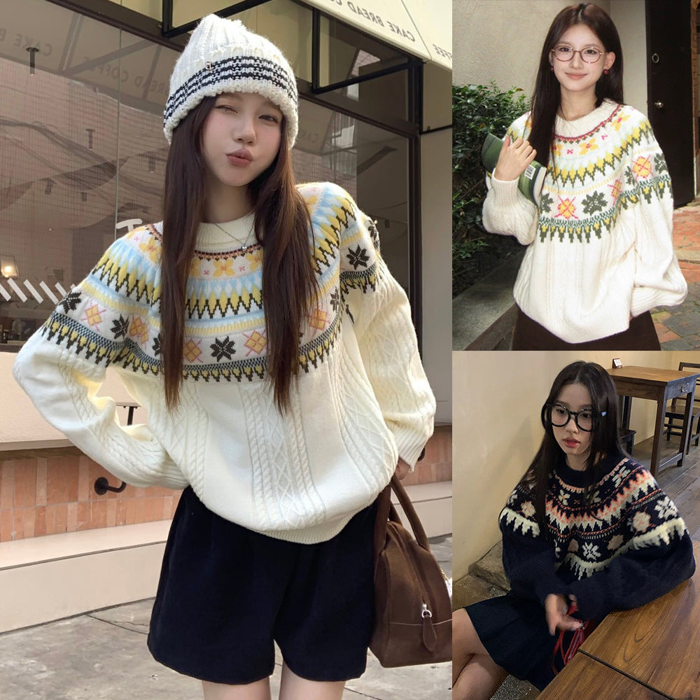 Damen Modischer Grobstrickpullover mit Norweger-Muster Nord Taschen