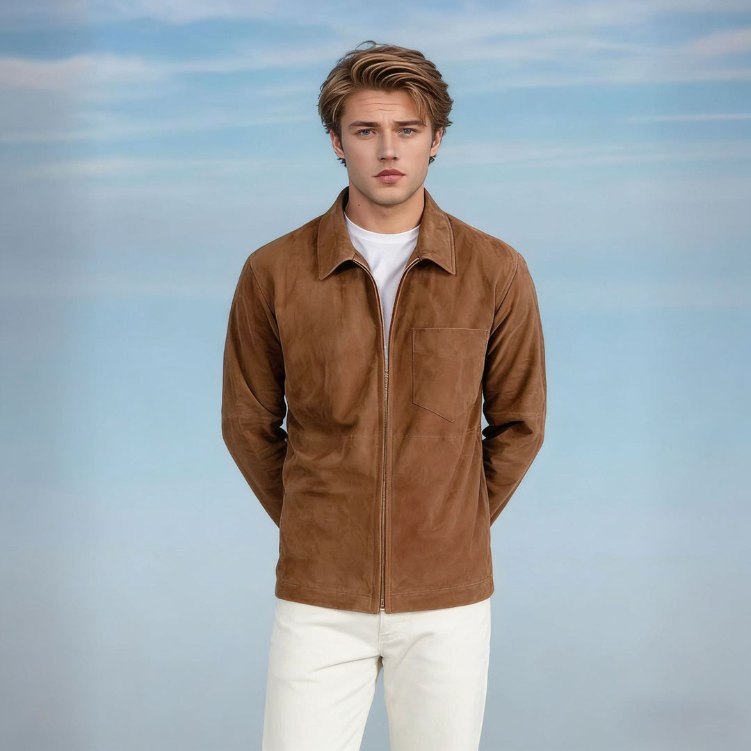 Herren Velourslederjacke mit Reißverschluss und Hemdkragen Nord Taschen