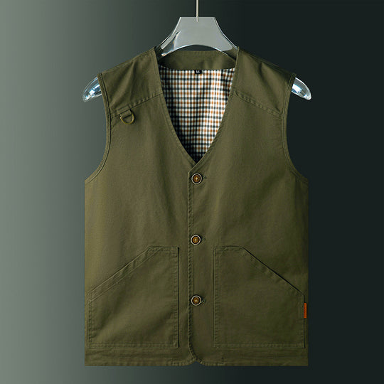 Herren Ärmellose Utility‑Weste mit V‑Ausschnitt, Baumwoll‑Canvas, Knopfleiste und großen Fronttaschen Nord Taschen
