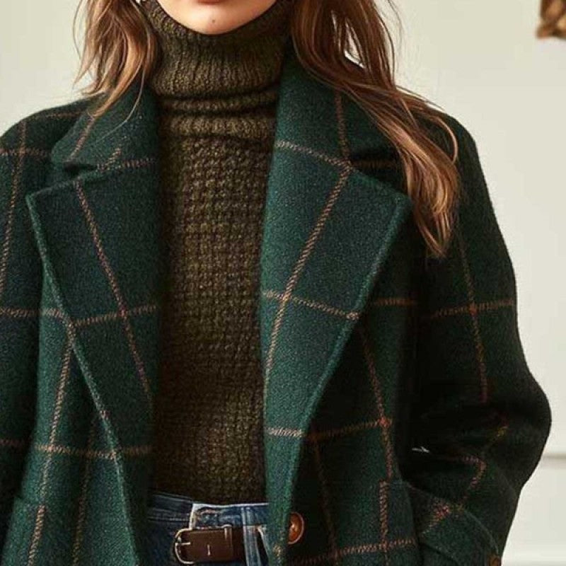 Damen Karierter Wollmix-Mantel mit Oversize-Schulter und klassischem Revers Nord Taschen