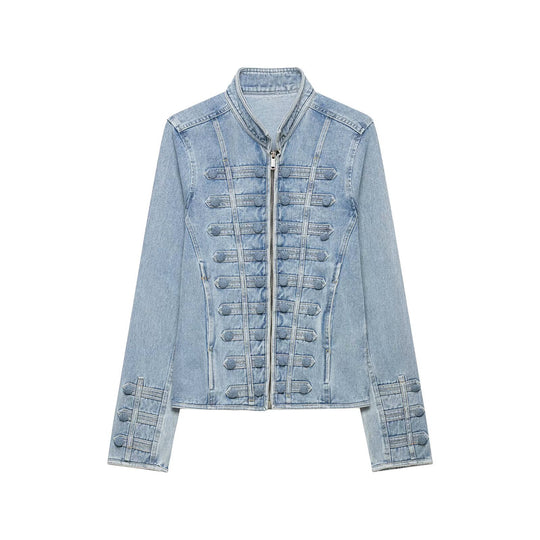 Damen Taillierte Denimjacke mit militärischen Galon‑Details und Stehkragen Nord Taschen