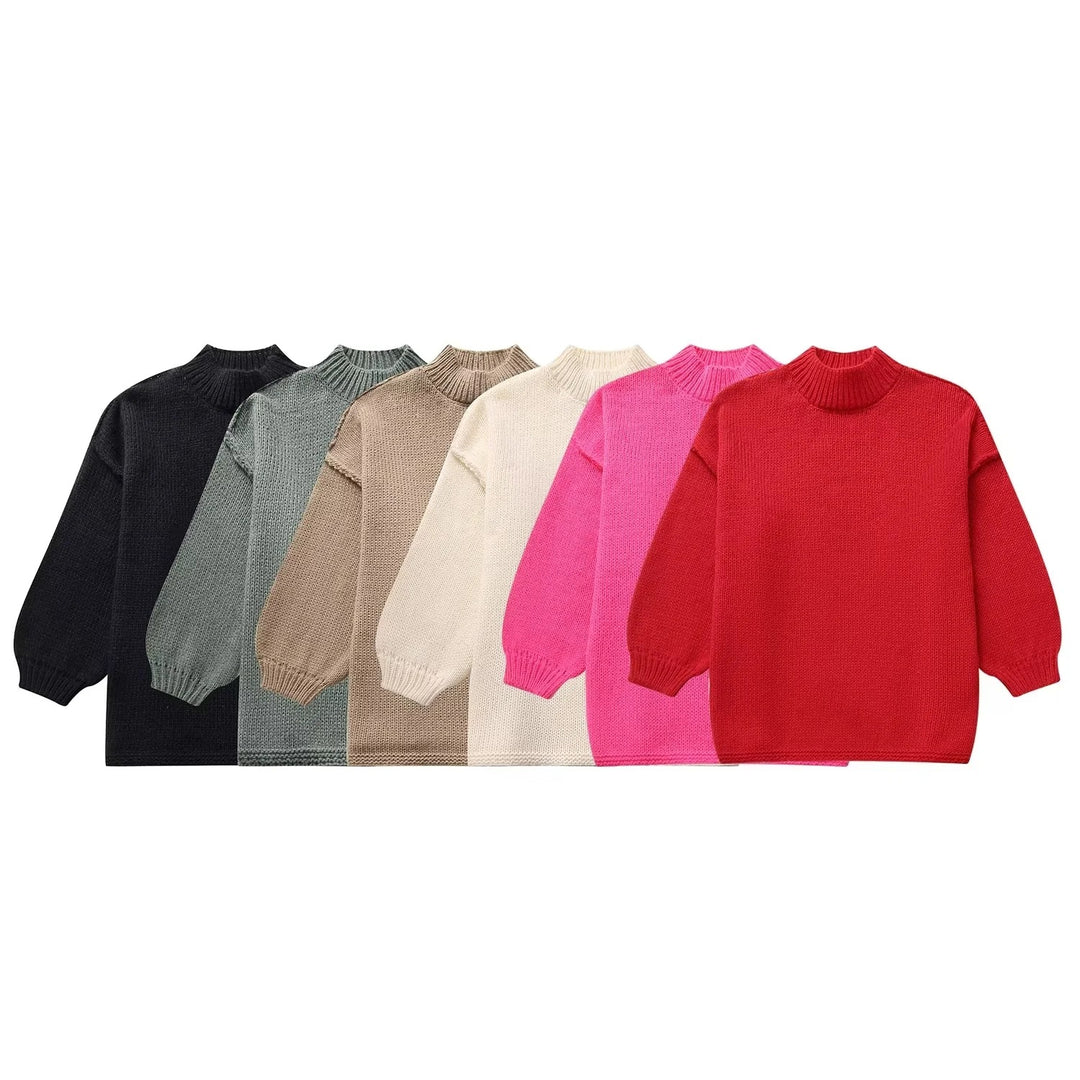 Damen Grobstrick-Pullover mit Stehkragen, überschnittenen Schultern und Ballonärmeln Nord Taschen