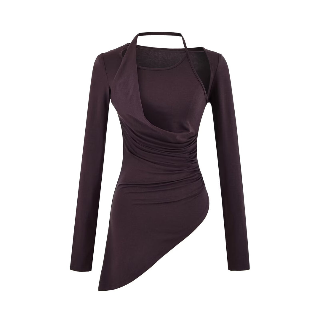 Damen Figurbetontes Langarm-Midikleid mit asymmetrischem Saum, Raffung und Neckholder Nord Taschen