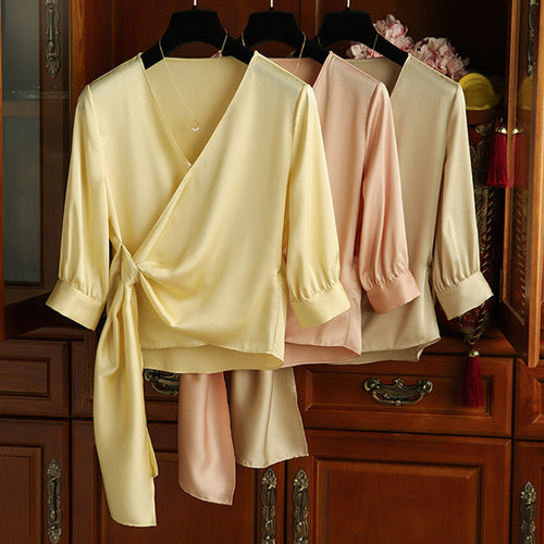 Damen Elegante Wickelbluse mit Taillenbund Nord Taschen