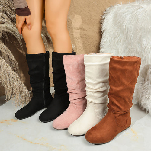 Damen Kniehohe Slouch-Stiefel aus Veloursimitat mit Innenseiten-Reißverschluss und flacher Komfortsohle Nord Taschen