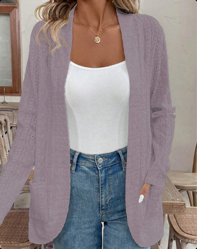 Damen Offener Strukturierter Strickcardigan mit Eingrifftaschen Nord Taschen