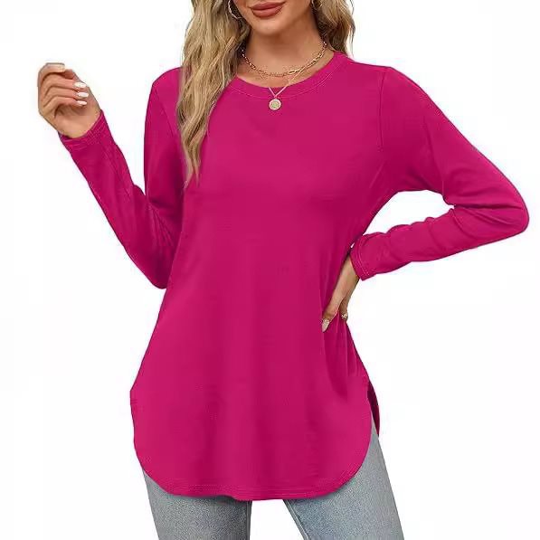 Damen Lässiges Longsleeve-Tunikaoberteil mit Rundhalsausschnitt, Seitenschlitzen und Aquarell-Blattprint Nord Taschen