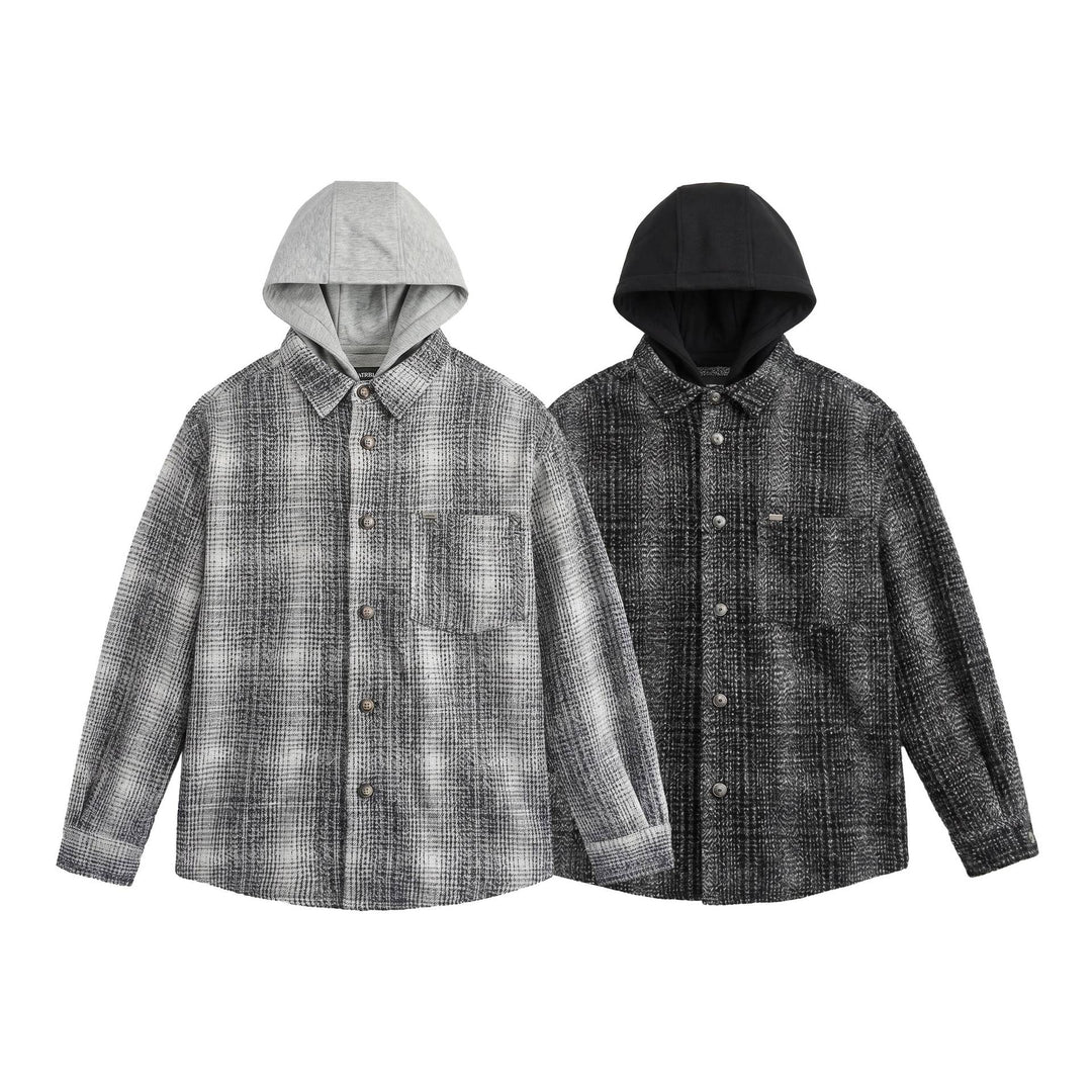 Herren Kapuzen-Overshirt im Wollmix mit Karomuster und aufgesetzter Brusttasche Nord Taschen