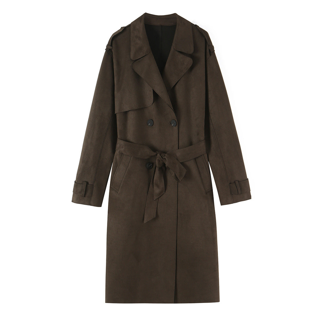 Damen Lang geschnittener Trenchcoat aus Velourslederoptik mit Bindegürtel Nord Taschen