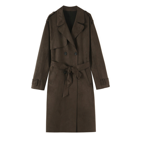 Damen Lang geschnittener Trenchcoat aus Velourslederoptik mit Bindegürtel Nord Taschen
