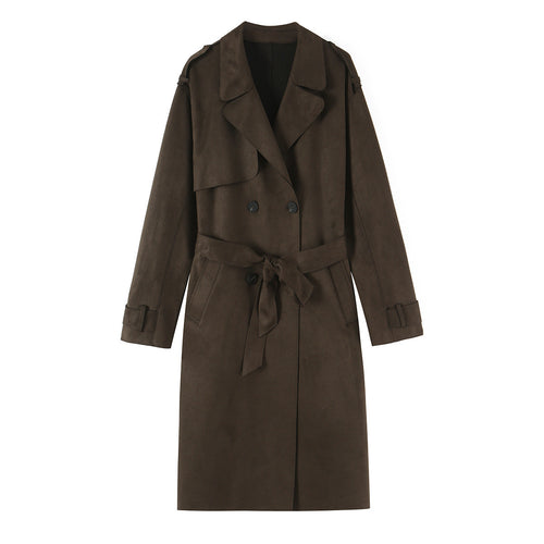 Damen Lang geschnittener Trenchcoat aus Velourslederoptik mit Bindegürtel Nord Taschen