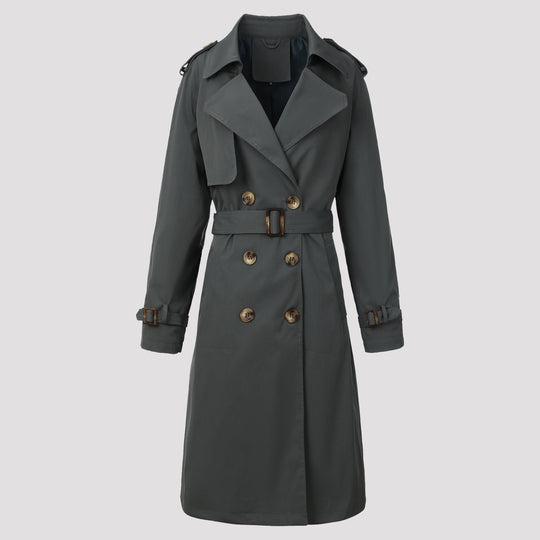 Damen Klassischer taillierter Doppelreihiger Trenchcoat mit Bindegürtel und Schulterklappen Nord Taschen