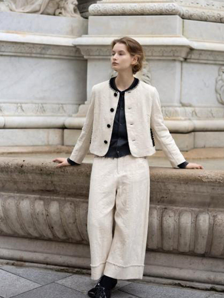 Damen Zweiteiliges Bouclé-Set mit Kurzjacke, kontrastiertem Rundhalsausschnitt und weitem Culotte-Hosenbein Nord Taschen