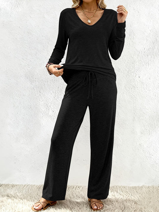 Damen Lounge-Set aus weichem Viskose-Modal-Mix mit V-Ausschnitt, Tunnelzughose und weitem Bein Nord Taschen
