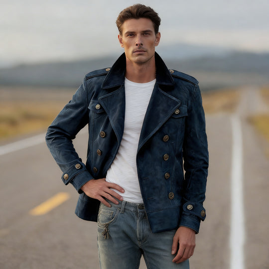 Herren Doppelreihige Lederjacke im Vintage-Look mit Schalkragen und Schulterklappen Nord Taschen