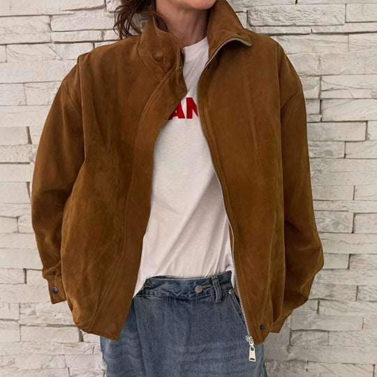 Damen Oversize Veloursleder-Blouson mit hohem Stehkragen und Metallreißverschluss Nord Taschen
