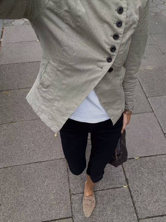 Damen Asymmetrische taillierte Leinen‑Optik Blazerjacke mit schräger Knopfleiste Nord Taschen