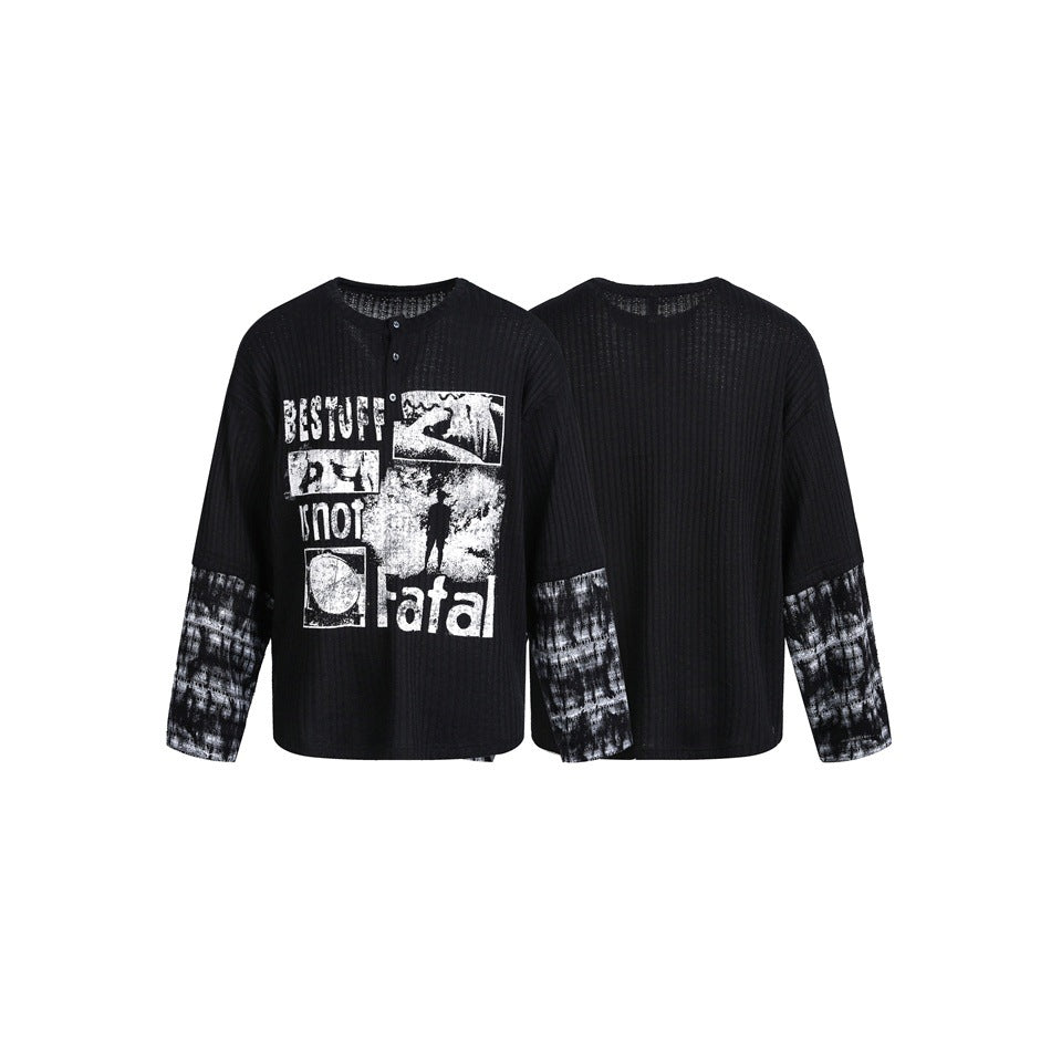 Herren Langarm-Rippstrick-Shirt mit Henley-Knopfleiste und kontrastierendem Grafikprint Nord Taschen