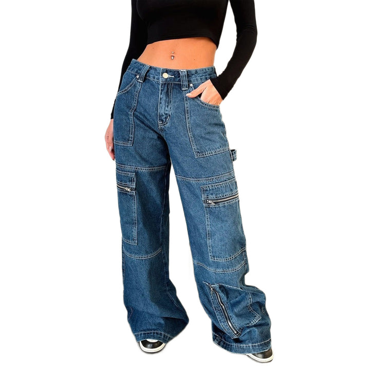 Damen weiten Cargo-Jeans mit mehreren Reißverschluss-Taschen und hoher Taille Nord Taschen