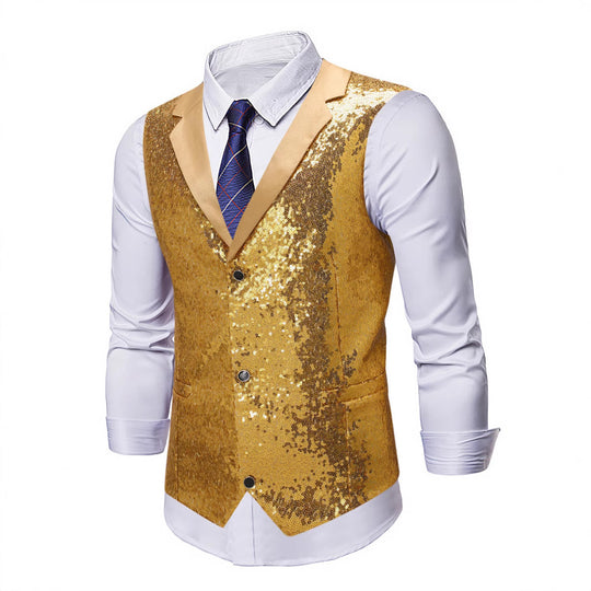 Herren Glänzende Pailletten‑Weste mit Satin‑Revers und taillierter Silhouette Nord Taschen
